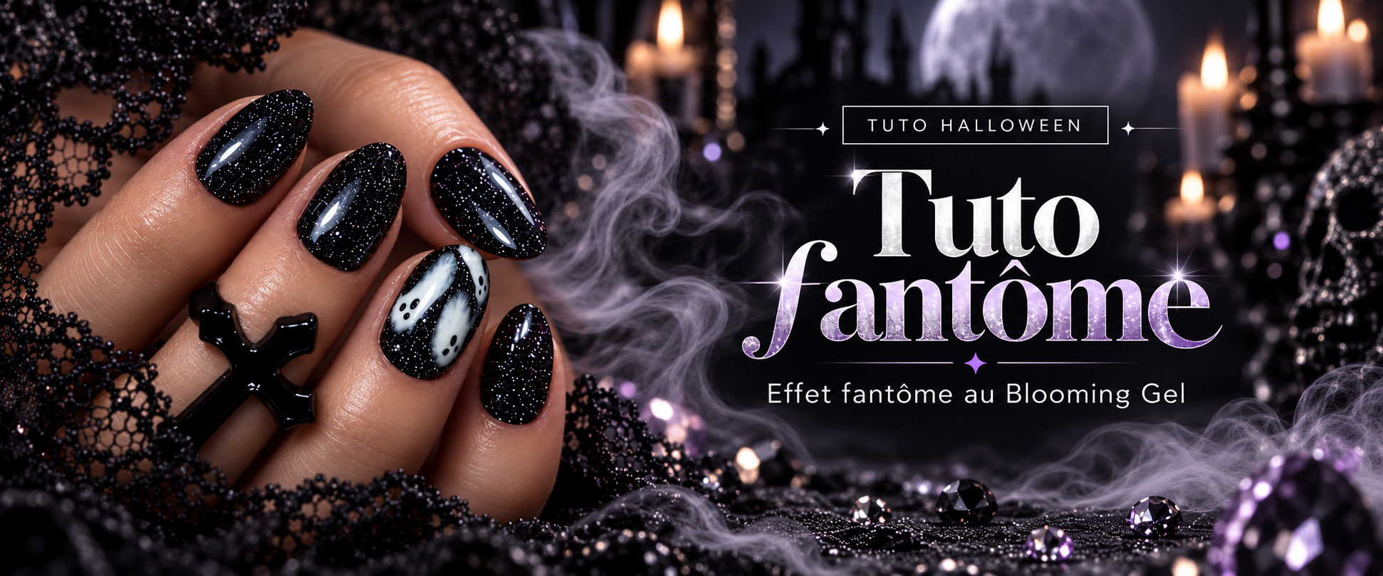 Résultat final du nail art Halloween : petits fantômes au Blooming Gel sur base noire pailletée